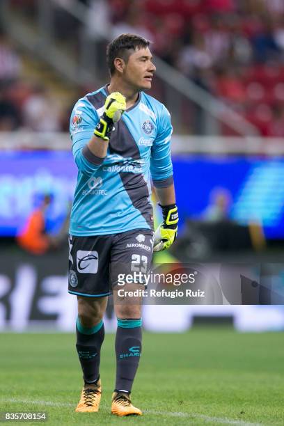 Moises Muñoz goalkeeper of Puebla, celebrates the first goal of his team scored by his teammate Alfonso Zamora during the fifth round match between...