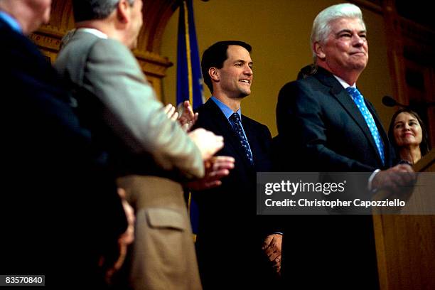 Sen. Christopher Dodd speaks at a press conference held in the Old Judiciary Room of the Connecticut State Capitol November 5, 2008 in Hartford,...