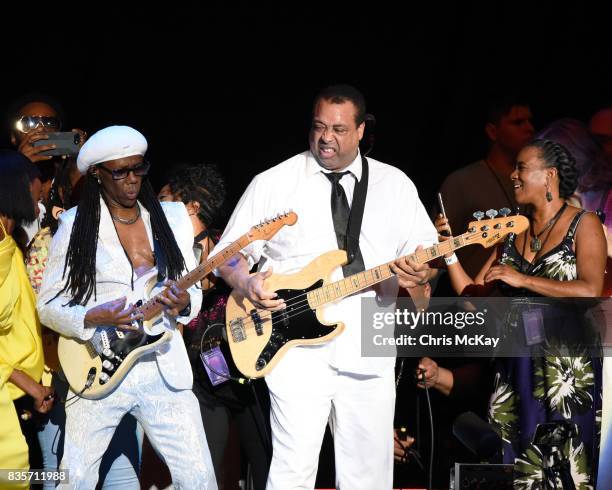 Nile Rodgers and Jerry Barnes of CHIC perform at Verizon Wireless Amphitheater on August 19, 2017 in Alpharetta, Georgia.