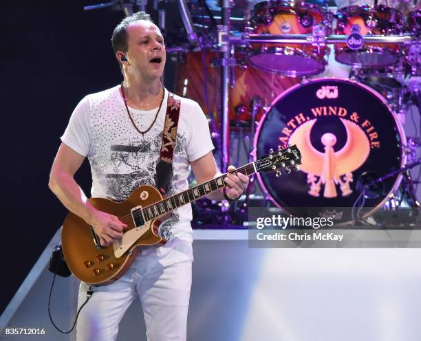 Serg Dimitrijevic of Earth Wind And Fire performs at Verizon Wireless Amphitheater on August 19, 2017 in Alpharetta, Georgia.