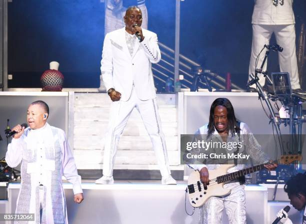Ralph Johnson, Philip Bailey, and Verdine White of Earth Wind And Fire perform at Verizon Wireless Amphitheater on August 19, 2017 in Alpharetta,...