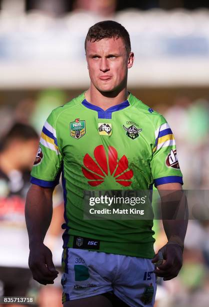 Jack Wighton of the Raiders looks dejected as he leaves the field at fulltime during the round 24 NRL match between the Canberra Raiders and the...