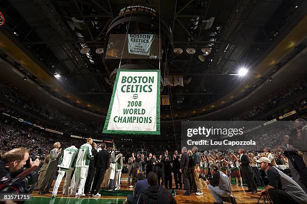 View of Boston Celtics raising NBA Championship banner before game vs Cleveland Cavaliers. Boston, MA CREDIT: Lou Capozzola