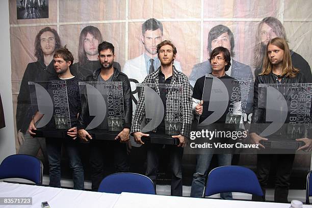 Maroon 5 band members Michael Madden,Adam Levine,Jesse Carmichael,Matt Flynn and James Valentine attends a press conference to promote their new...