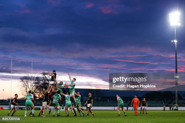 General view of a lineout during the round one Mitre 10 Cup match between Manawatu and Wellington at Central Energy Trust Arena on August 20, 2017 in...
