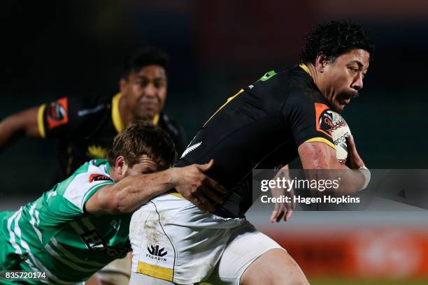 Ben Lam of Wellington is tackled during the round one Mitre 10 Cup match between Manawatu and Wellington at Central Energy Trust Arena on August 20,...