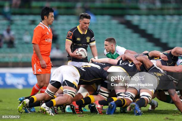 Sheridan Rangihuna of Wellington feeds a scrum while referee Shuhei Kubo looks on during the round one Mitre 10 Cup match between Manawatu and...
