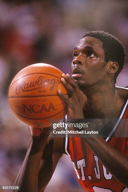 Malik Sealy of the St. John's Redman takes a foul shot during a college basketball game against the Georgetown Hoyas on January 14, 1992 at Capitol...