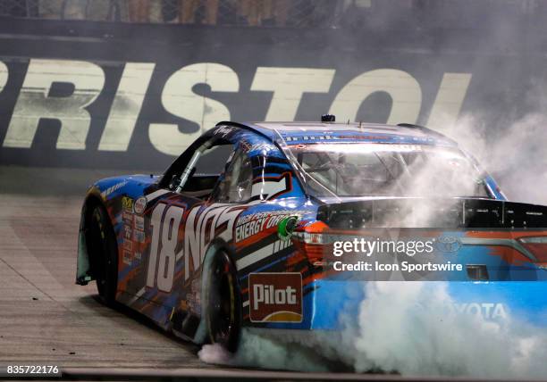 Kyle Busch celebrates winning the 36th annual Food City 300 Xfinity race at Bristol Motor Speedway on August 18,2017