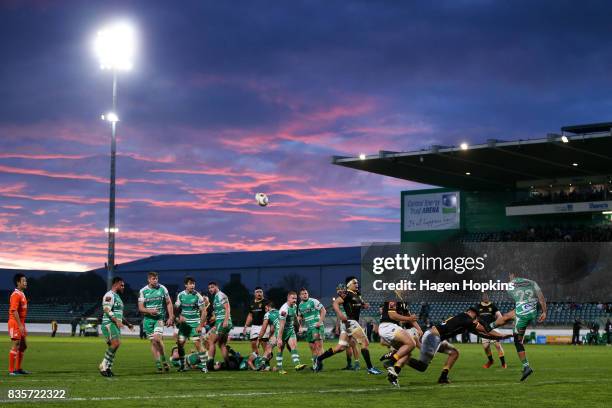 Jade Te Rure of Manawatu kicks during the round one Mitre 10 Cup match between Manawatu and Wellington at Central Energy Trust Arena on August 20,...