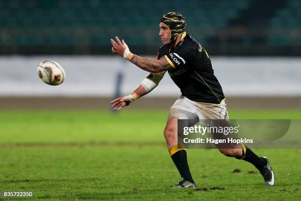 Dan Kirkpatrick of Wellington passes during the round one Mitre 10 Cup match between Manawatu and Wellington at Central Energy Trust Arena on August...