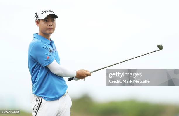 Jazz Janewattananond of Thailand watches his approach shot on the 18th hole during day four of the 2017 Fiji International at Natadola Bay...