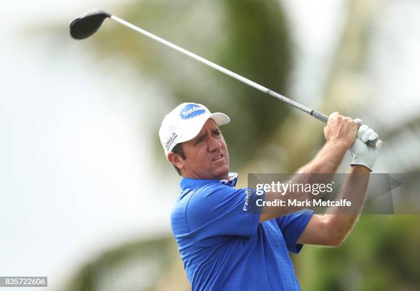 Scott Hend of Australia hits his tee shot on the 5th hole during day four of the 2017 Fiji International at Natadola Bay Championship Golf Course on...