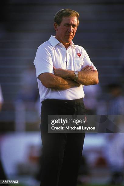 Bobby Ross, head coach of the Maryland Terrapins, before a college football game at Byrd Stadium on October 1, 1986 in College Park, Maryland.