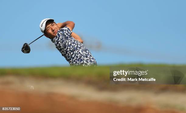 Shunya Takeyasu of Japan hits his tee shot on the 1st hole during day four of the 2017 Fiji International at Natadola Bay Championship Golf Course on...