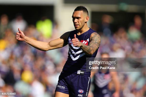 Harley Bennell of the Dockers celebrates a goal during the round 22 AFL match between the Fremantle Dockers and the Richmond Tigers at Domain Stadium...