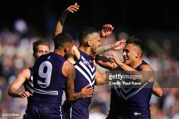 Harley Bennell of the Dockers celebrates a goal during the round 22 AFL match between the Fremantle Dockers and the Richmond Tigers at Domain Stadium...