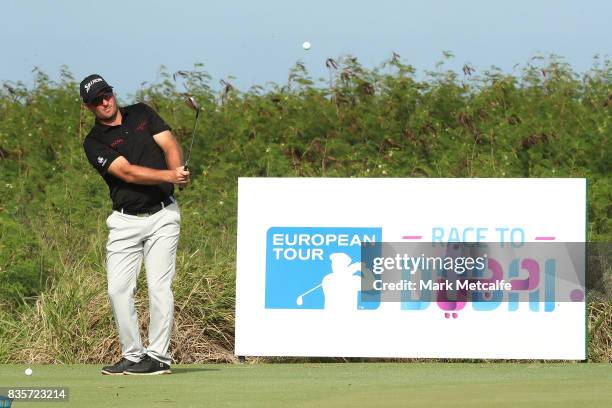 Ryan Fox of New Zealand chips onto the practise green during day four of the 2017 Fiji International at Natadola Bay Championship Golf Course on...