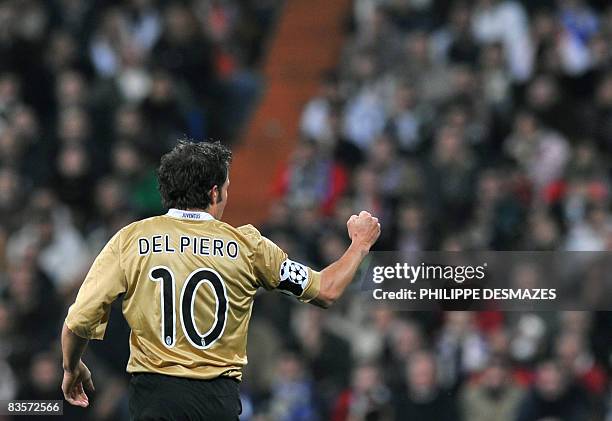 Juventus' Alessandro Del Piero celebrates after scoring during the Champions league football match Real Madrid vs Juventus at the Santiago Bernabeu...