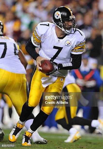 Ben Roethlisberger of the Pittsburgh Steelers in action against The Washington Redskins during their game on November 3, 2008 at Fedex Field in...
