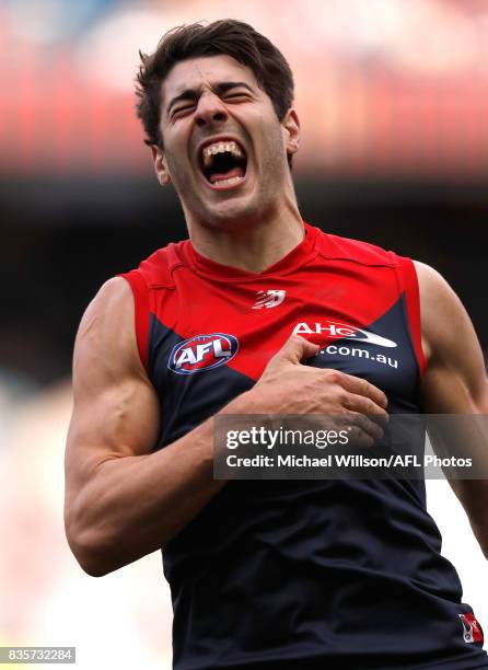 Christian Petracca of the Demons celebrates a goal during the 2017 AFL round 22 match between the Melbourne Demons and the Brisbane Lions at the...