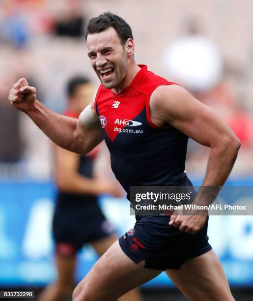 Cameron Pedersen of the Demons celebrates during the 2017 AFL round 22 match between the Melbourne Demons and the Brisbane Lions at the Melbourne...