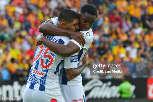 Victor Guzman of Pachuca celebrates after scoring the first goal of his team during the fifth round match between Morelia and Pachuca as part of the...