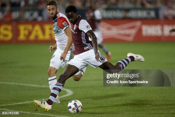 Colorado Rapids forward Dominique Badji takes a shot on goal during the Colorado Rapids game vs. The D.C. United on August 19, 2017 at Dick's...