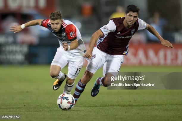 United midfielder Paul Arriola and Colorado Rapids defender Eric Miller battle for the ball during the Colorado Rapids game vs. The D.C. United on...