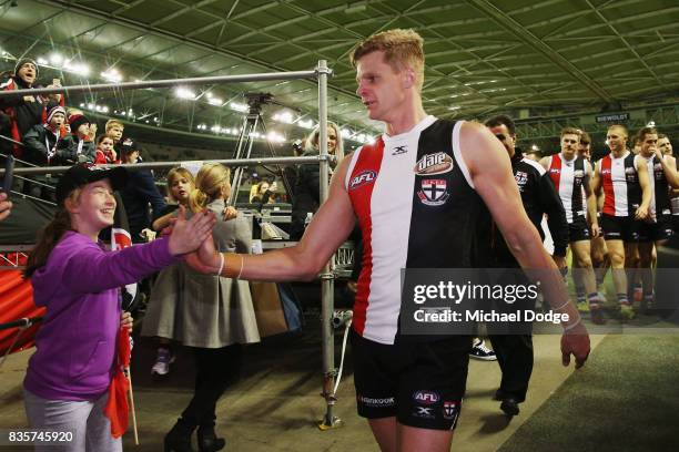 Nick Riewoldt of the Saints celebrates with fans after winning during the round 22 AFL match between the St Kilda Saints and the North Melbourne...