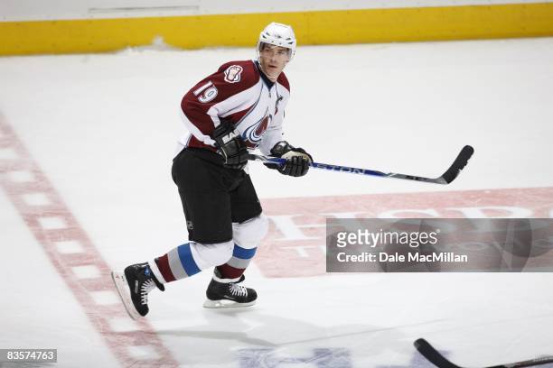 Joe Sakic of the Colorado Avalanche skates during the game against the Calgary Flames on October 28, 2008 at the Pengrowth Saddledome in Calgary,...