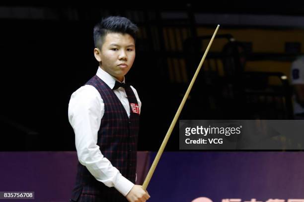 Zhou Yuelong of China reacts during his quarterfinal match against Shaun Murphy of England on day five of Evergrande 2017 World Snooker China...