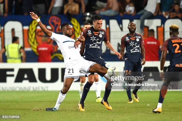 Yoann Salmier of Strasbourg and Facundo Piriz of Montpellier during the Ligue 1 match between Montpellier Herault SC and Strasbourg at Stade de la...