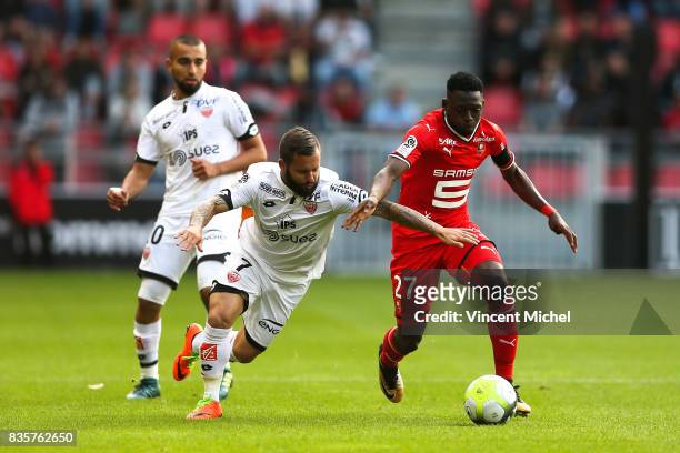 Hamari Traore of Rennes and Frederic Sammaritano of Dijon during the Ligue 1 match between Stade Rennais and Dijon FCO at Roazhon Park on August 19,...