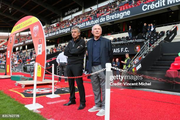 Christian Gourcuff headcoach of Rennes and Francois Pinault during the Ligue 1 match between Stade Rennais and Dijon FCO at Roazhon Park on August...