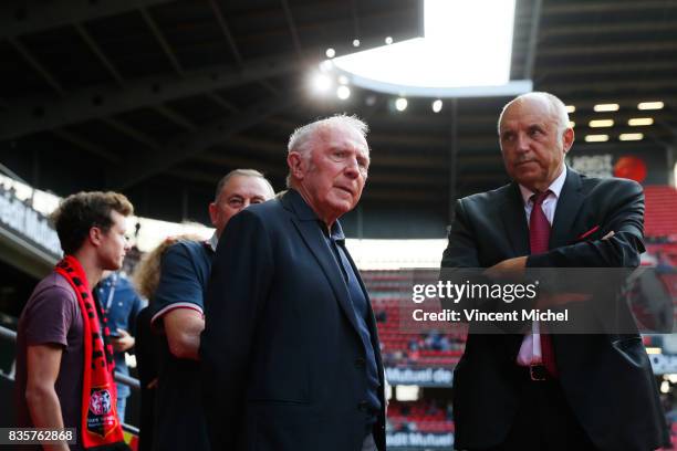 Francois Pinault and Rene Ruello of Rennes during the Ligue 1 match between Stade Rennais and Dijon FCO at Roazhon Park on August 19, 2017 in Rennes,...