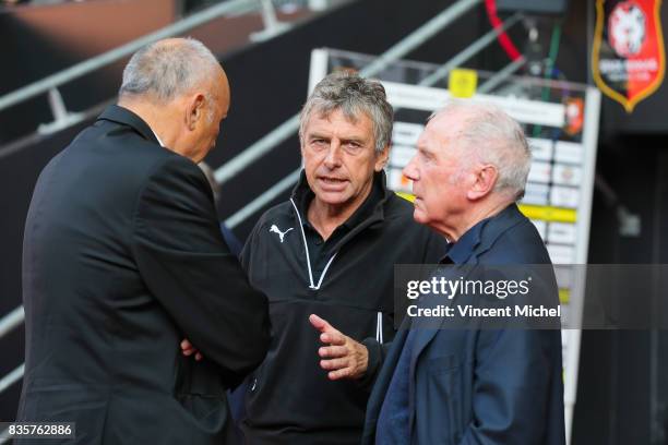 Christian Gourcuff headcoach of Rennes, Rene Ruello and Francois Pinault during the Ligue 1 match between Stade Rennais and Dijon FCO at Roazhon Park...