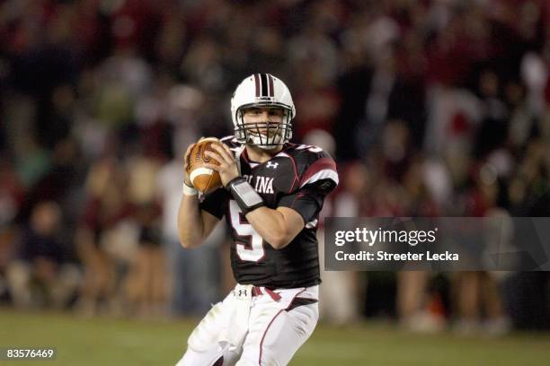 Quarterback Stephen Garcia of the South Carolina Gamecocks looks to pass the ball during the game against the Tennessee Volunteers at Williams-Brice...
