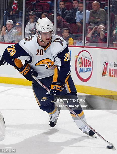 Daniel Paille of the Buffalo Sabres skates against the New Jersey Devils at the Prudential Center on November 3, 2008 in Newark, New Jersey. The...