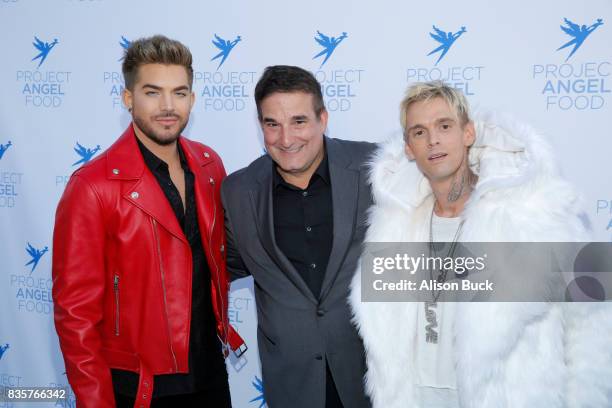 Singer/songwriter Adam Lambert, Executive director Project Angel Food Richard Ayoub and singer Aaron Carter attend Project Angel Food's 2017 Angel...