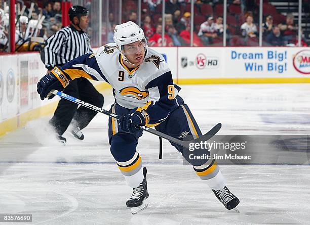 Derek Roy of the Buffalo Sabres skates against the New Jersey Devils at the Prudential Center on November 3, 2008 in Newark, New Jersey. The Sabres...