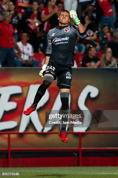 Manuel Lajud goalkeeper of Tijuana celebrates the goal scored by Gustavo Bou during the fifth round match between Tijuana and Santos Laguna as part...