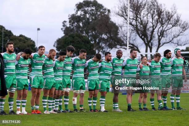 Manawatu players observe a moment of silence in memory of former All Black Sir Colin Meads during the round one Mitre 10 Cup match between Manawatu...