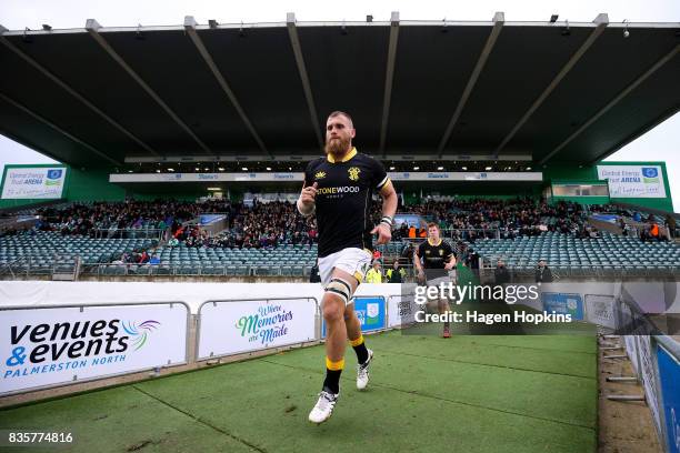 Brad Shields of Wellington leads his team onto the field during the round one Mitre 10 Cup match between Manawatu and Wellington at Central Energy...