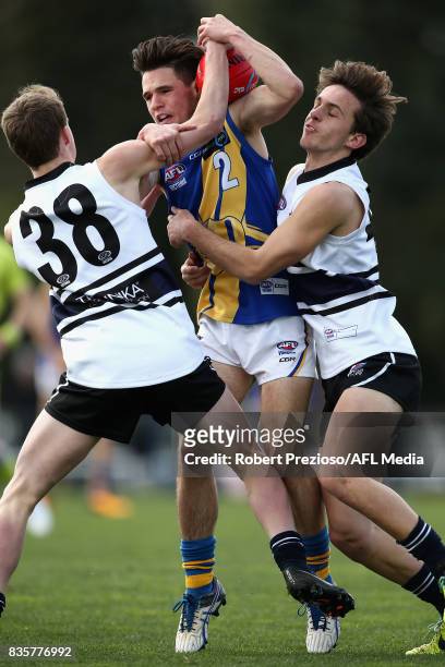 Tristan Rudic of the Western Jets is tackled during the TAC Cup round 16 match between the Northern Knights and the Western Jets at RAMS Arena on...