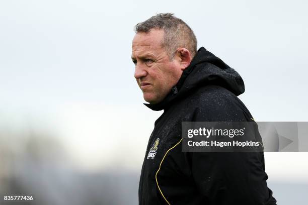 Coach Chris Gibbes of Wellington looks on during the round one Mitre 10 Cup match between Manawatu and Wellington at Central Energy Trust Arena on...