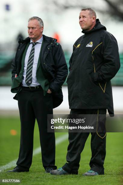 Coaches Jeremy Cotter of Manawatu and Chris Gibbes of Wellington look on during the round one Mitre 10 Cup match between Manawatu and Wellington at...