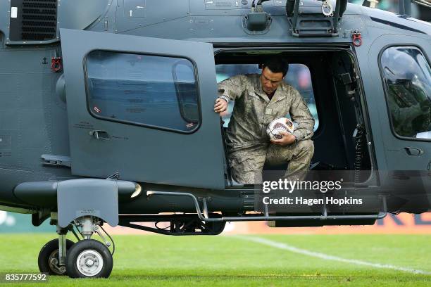 The match ball is delivered by a military helicopter during the round one Mitre 10 Cup match between Manawatu and Wellington at Central Energy Trust...