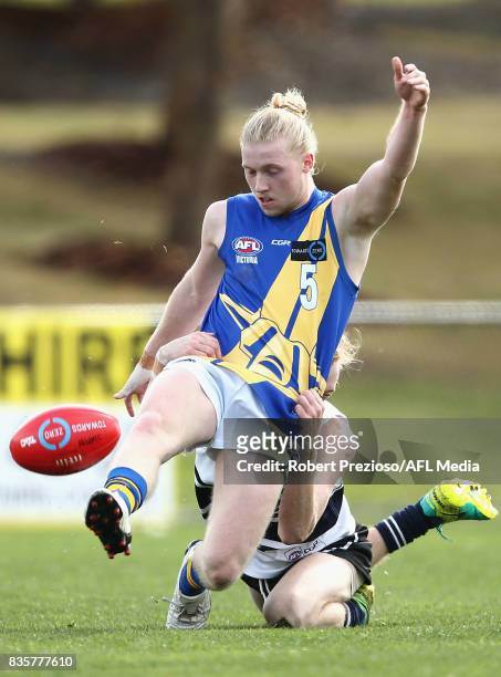 Luke Hitch of the Western Jets kicks during the TAC Cup round 16 match between the Northern Knights and the Western Jets at RAMS Arena on August 19,...