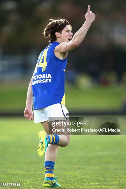 Lachlan Fogarty of the Western Jets celebrates a goal during the TAC Cup round 16 match between the Northern Knights and the Western Jets at RAMS...